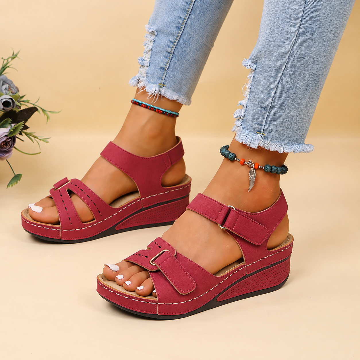 Women's Comfort Wedge Sandals with Adjustable Buckle – Black