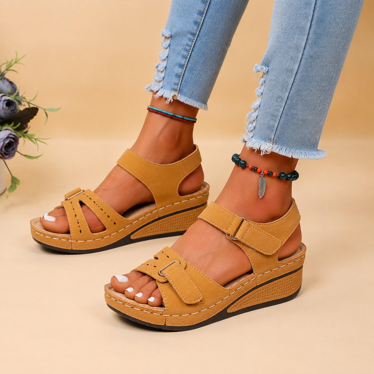 Women's Comfort Wedge Sandals with Adjustable Buckle – Black