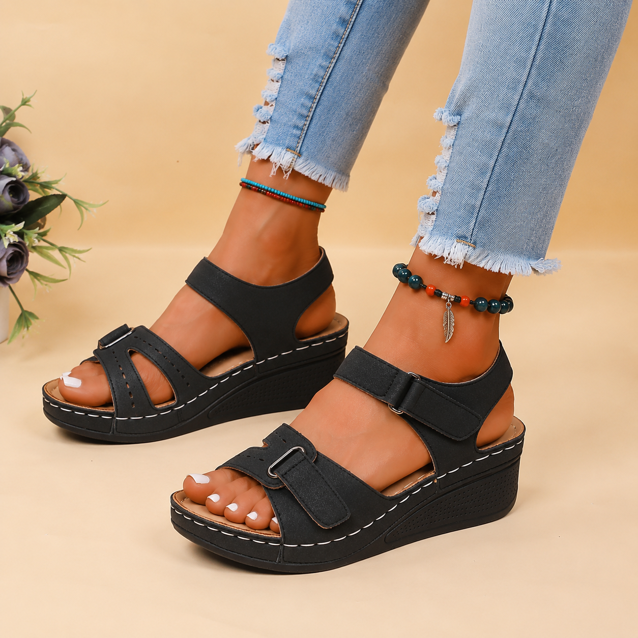 Women's Comfort Wedge Sandals with Adjustable Buckle – Black